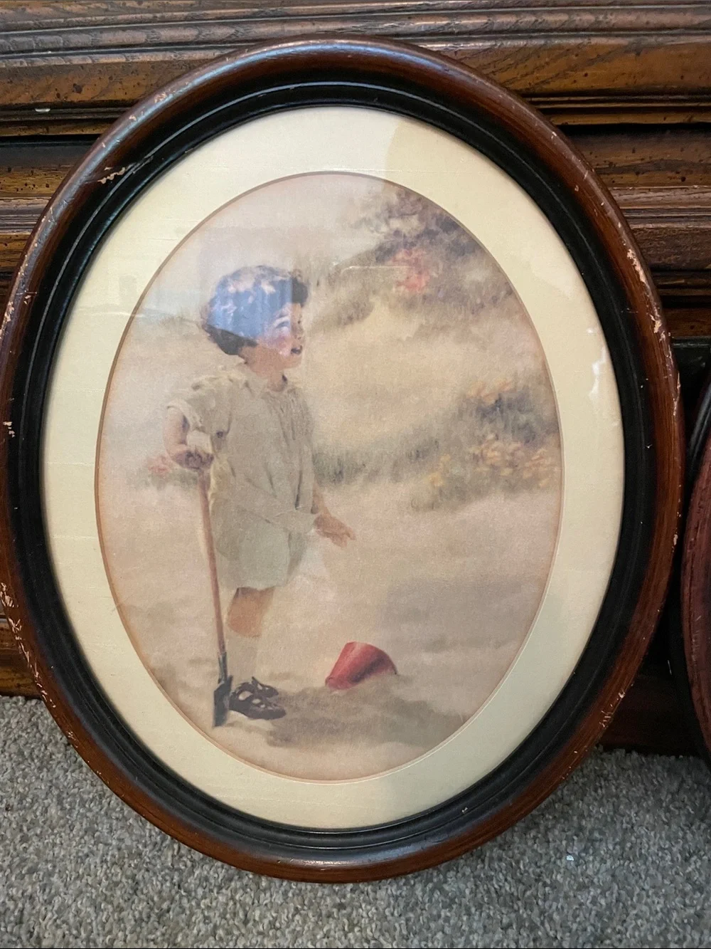 Classic Vintage Prints Antique Paintings Oval Wood Wall Art Pair in Brown